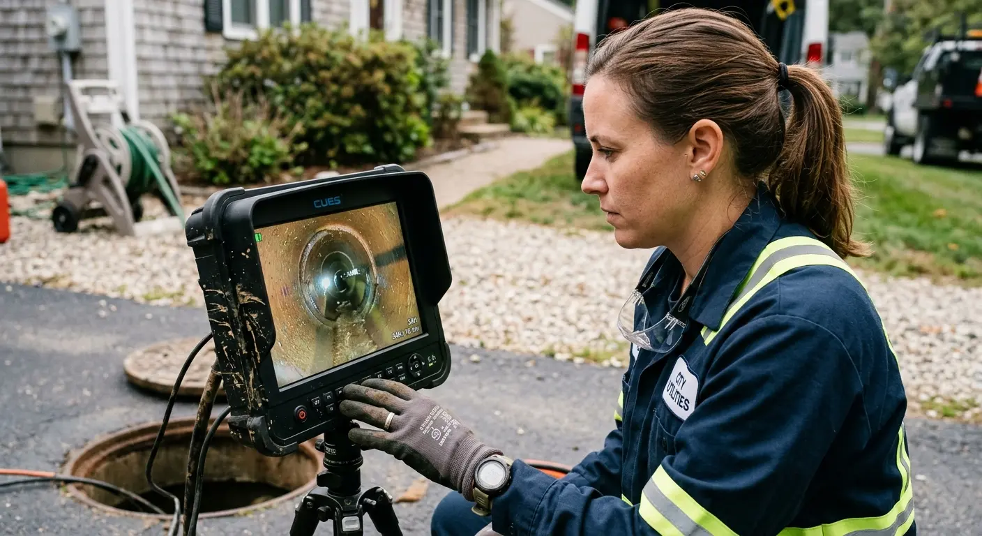 Technician reviewing sewer camera inspection footage in Pevely