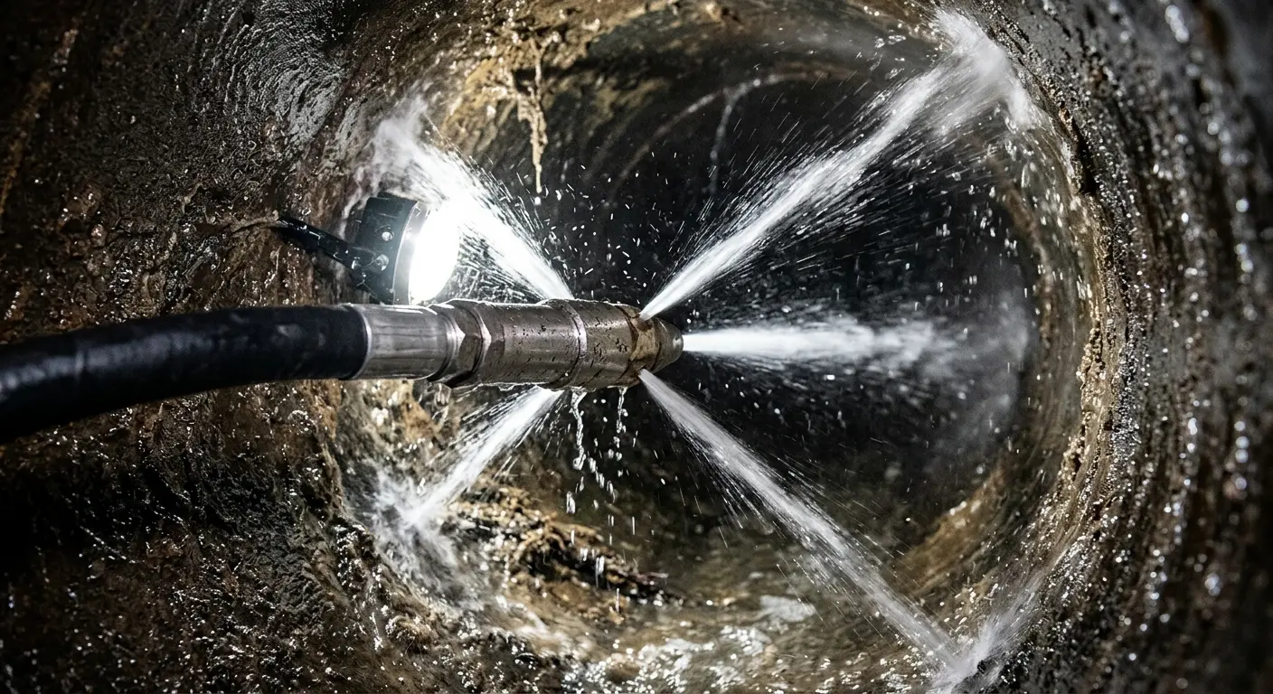 High-pressure hydro jetting nozzle cleaning sewer pipe for Emergency Drain Service in Pevely