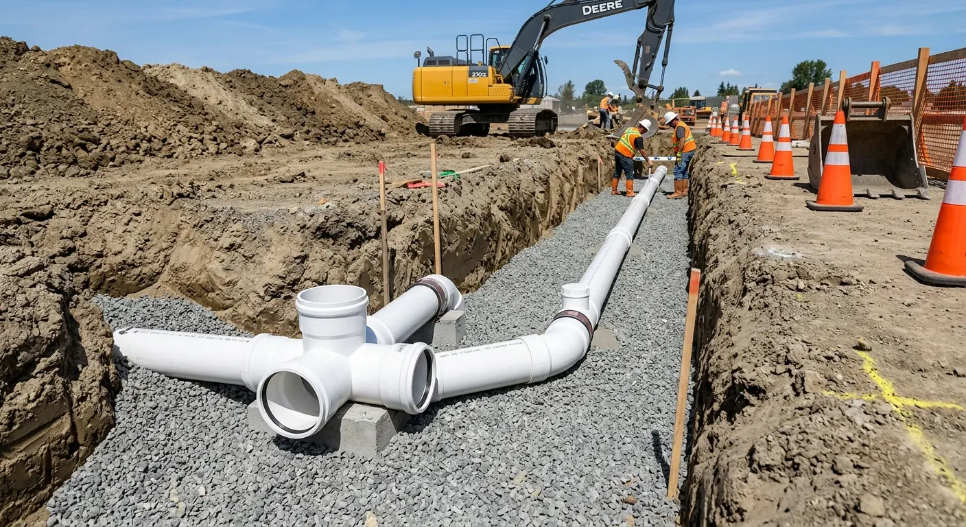 New PVC sewer pipe installation in open trench for Sewer Backup in Pevely