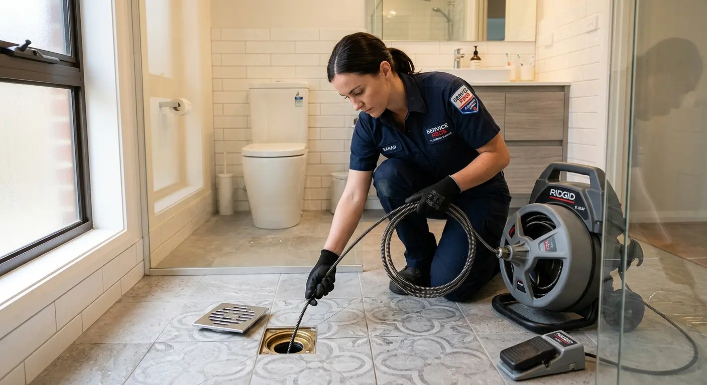 Technician clearing a bathroom floor drain for Sewer Line Installation in Pevely